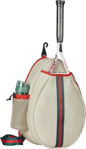 White PU One Shoulder Crossbody Tennis Backpack Girls Tennis Bag Tennis Racket Sling Bag for Women, with Water Bottle Holder
