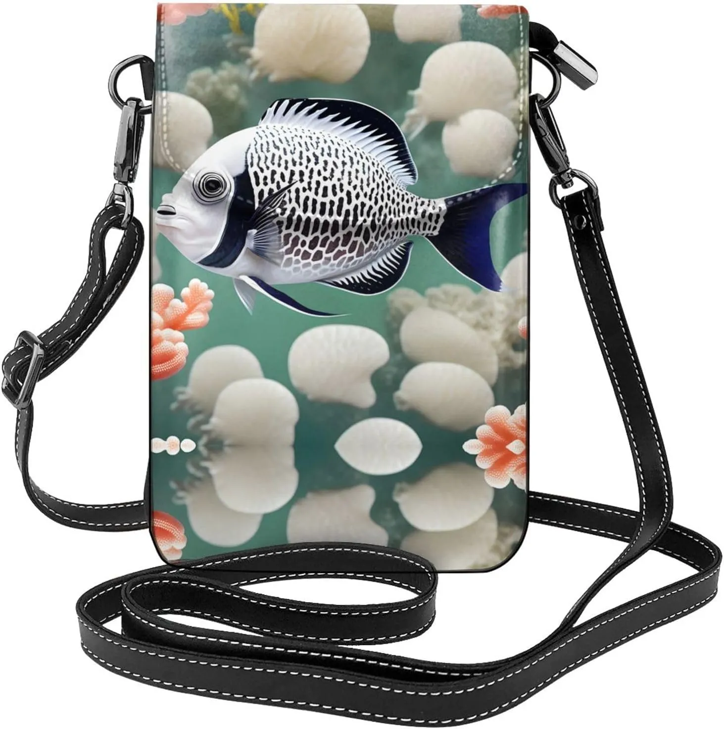 White Tropical Fish Printed Women's Crossbody Phone Bag - Perfect for Travel and Shopping