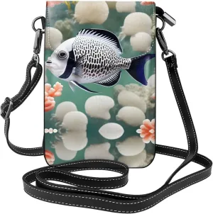 White Tropical Fish Printed Women's Crossbody Phone Bag - Perfect for Travel and Shopping