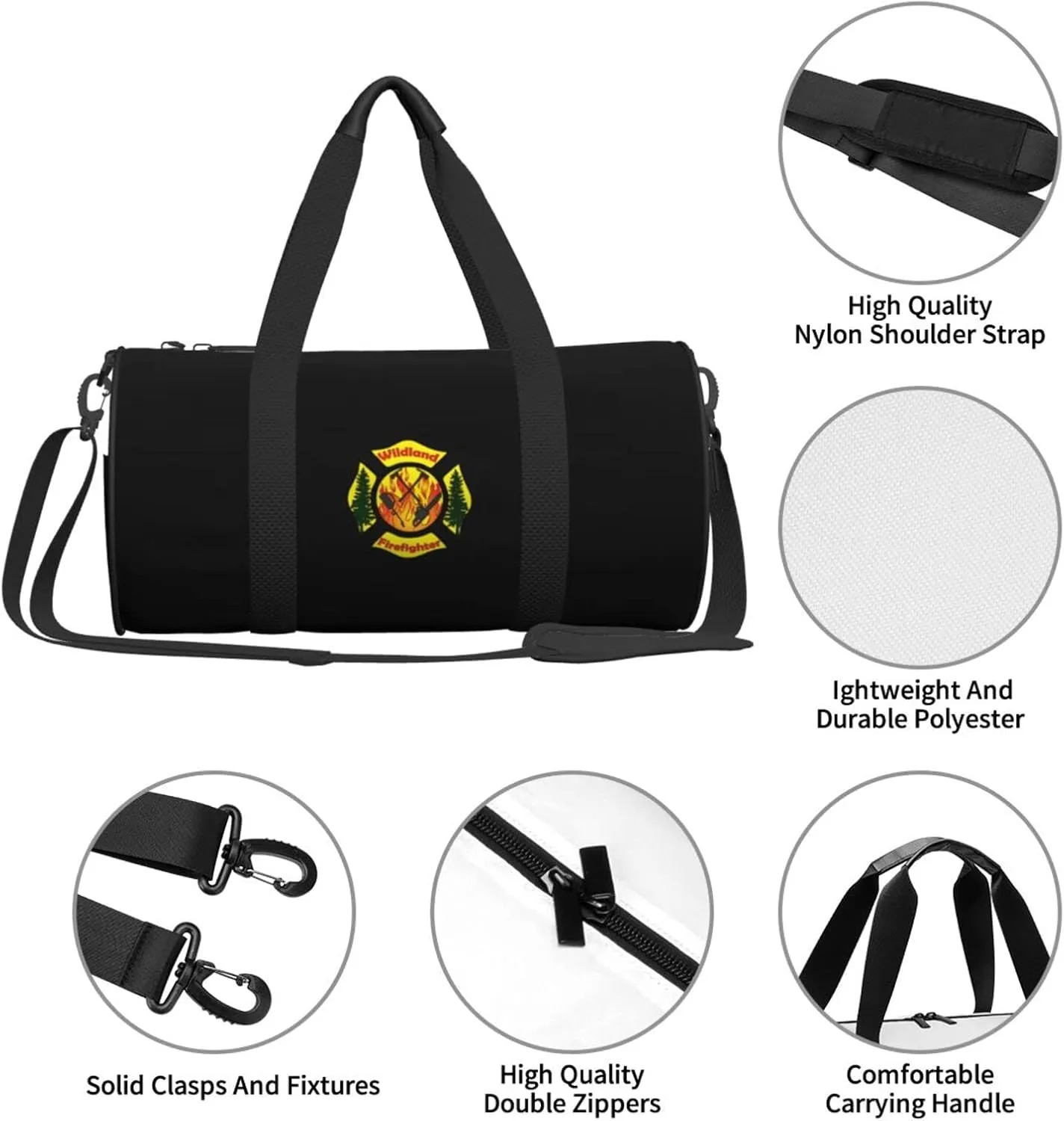 Wildland Firefighter Maltese Cross Travel Luggage Duffel Bag Sports Rolling Foldable Duffel Bag, Black