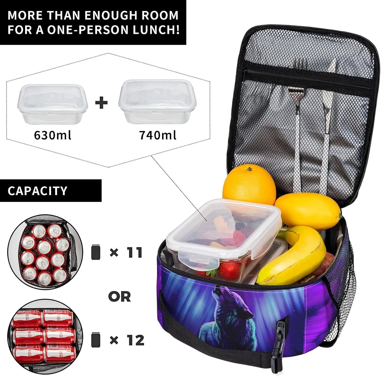 Wolf Lunch Box Insulated Thermal Reusable Lunch Bag Cooler Totes For Men Work Office Picnic Hiking