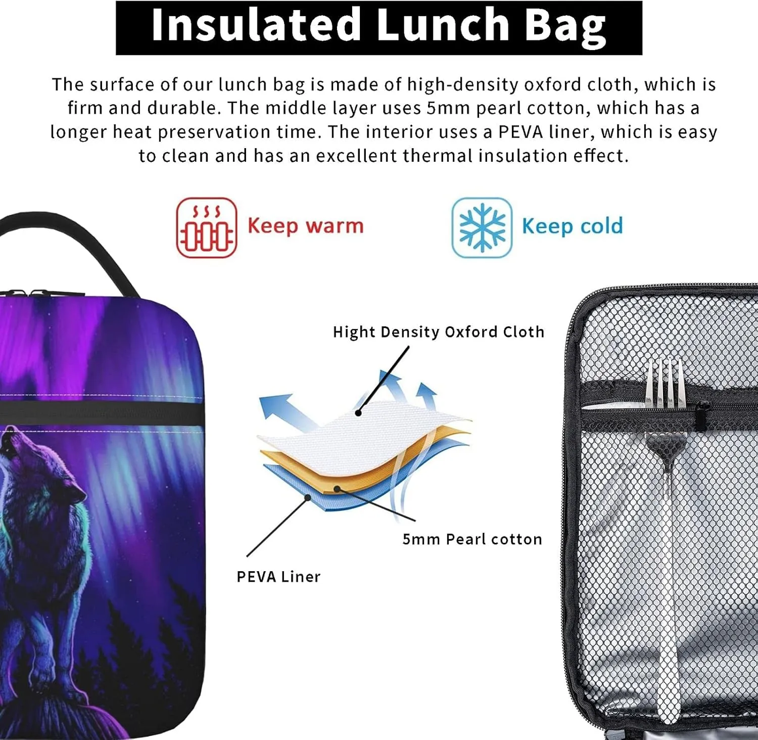 Wolf Lunch Box Insulated Thermal Reusable Lunch Bag Cooler Totes For Men Work Office Picnic Hiking