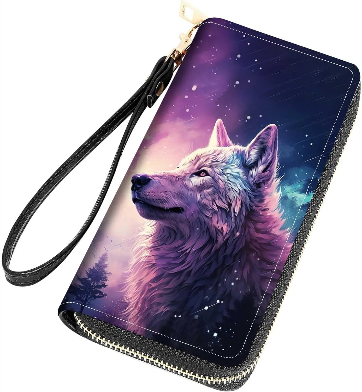 Wolf Print Women Large Capacity Wallet PU Leather Zipper Clutch Purse for Smart Phone/Card/Coin/Cash