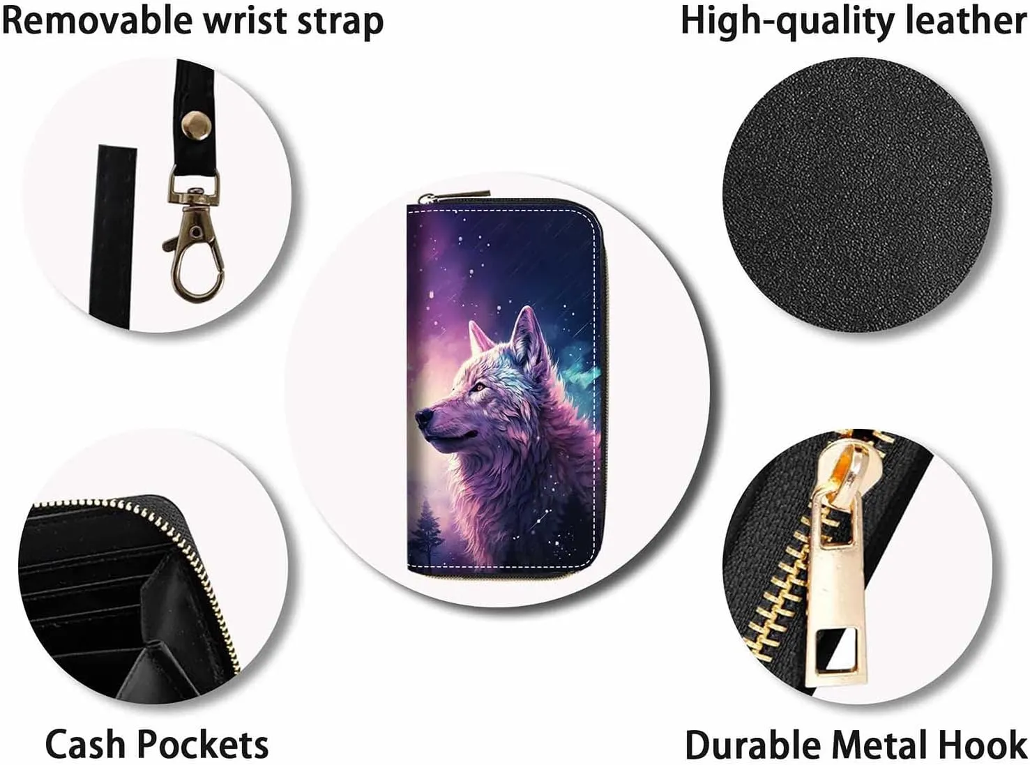 Wolf Print Women Large Capacity Wallet PU Leather Zipper Clutch Purse for Smart Phone/Card/Coin/Cash