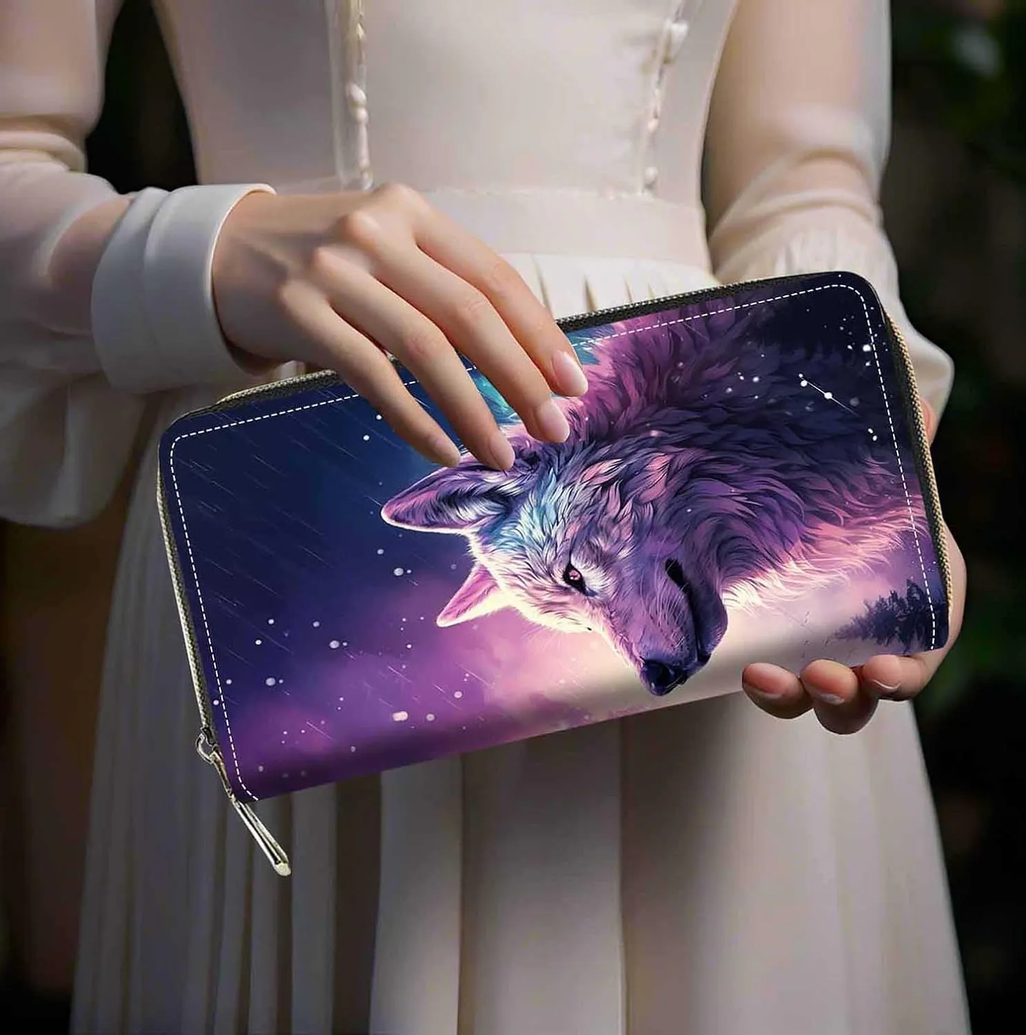Wolf Print Women Large Capacity Wallet PU Leather Zipper Clutch Purse for Smart Phone/Card/Coin/Cash