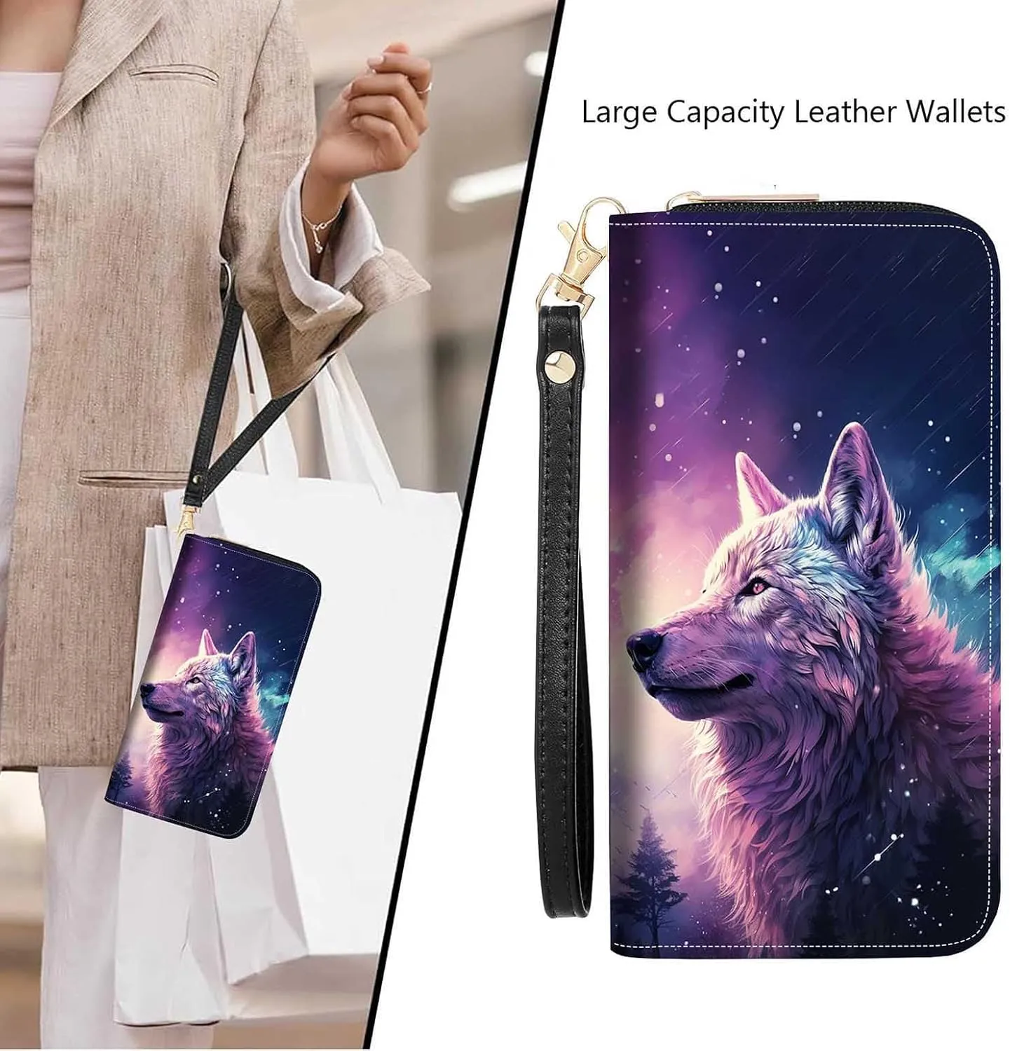Wolf Print Women Large Capacity Wallet PU Leather Zipper Clutch Purse for Smart Phone/Card/Coin/Cash