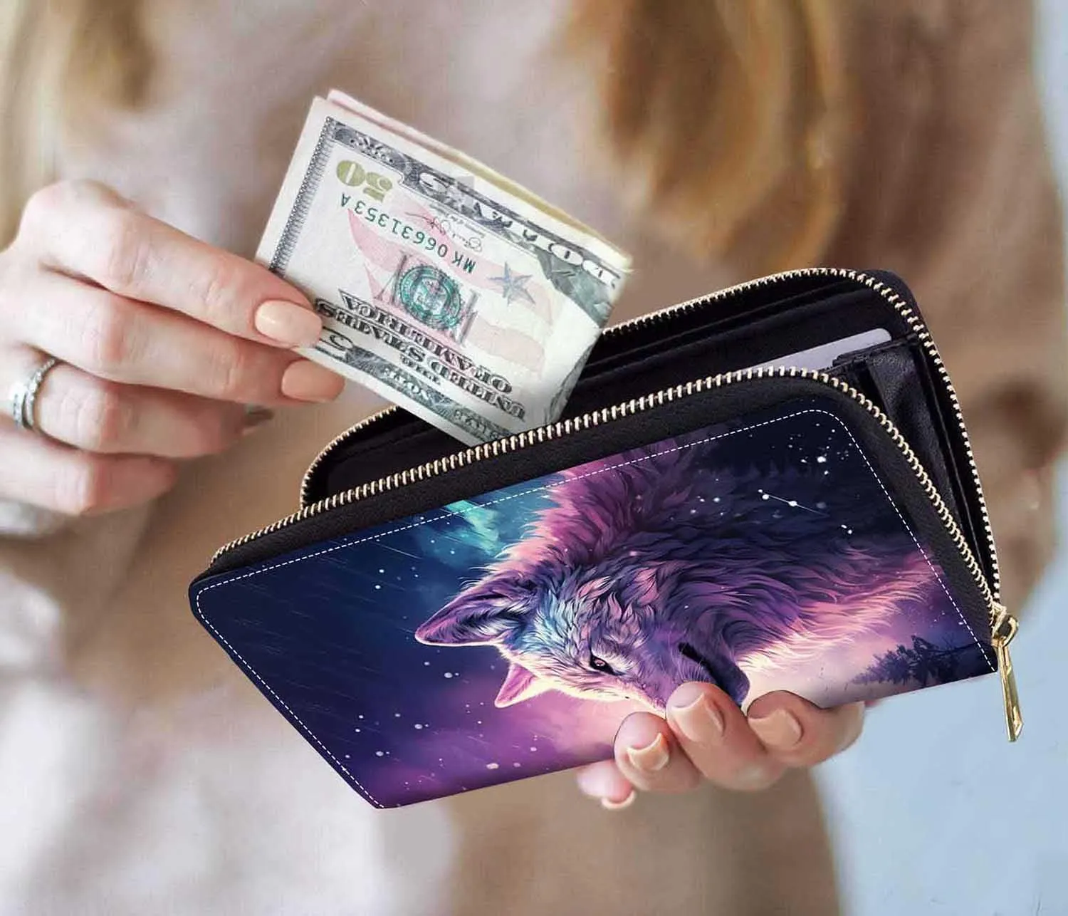 Wolf Print Women Large Capacity Wallet PU Leather Zipper Clutch Purse for Smart Phone/Card/Coin/Cash