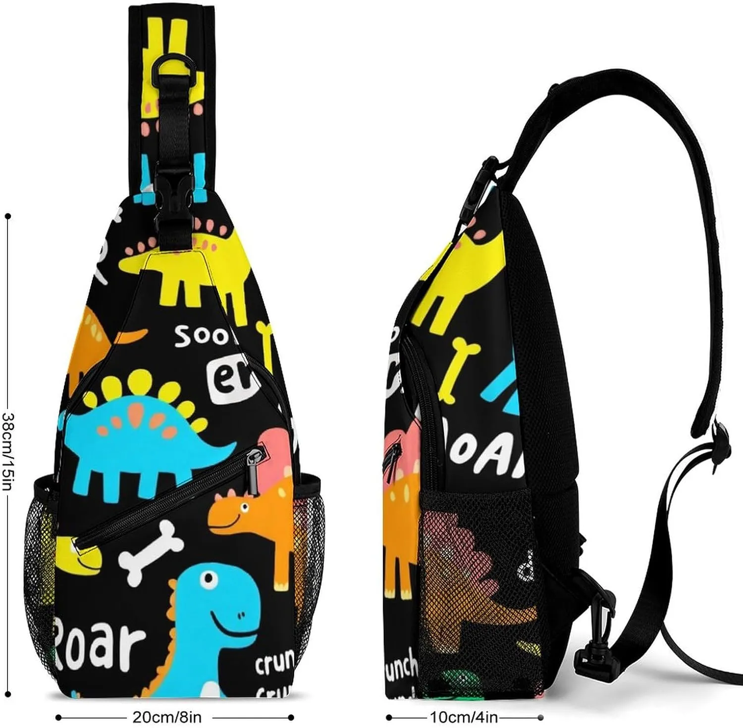 Women and Men Colorful Dinosaur Black Sling Bag, Large Capacity Travel Chest Backpack Shoulder Bag Crossbody Pack with Pockets and Buckles