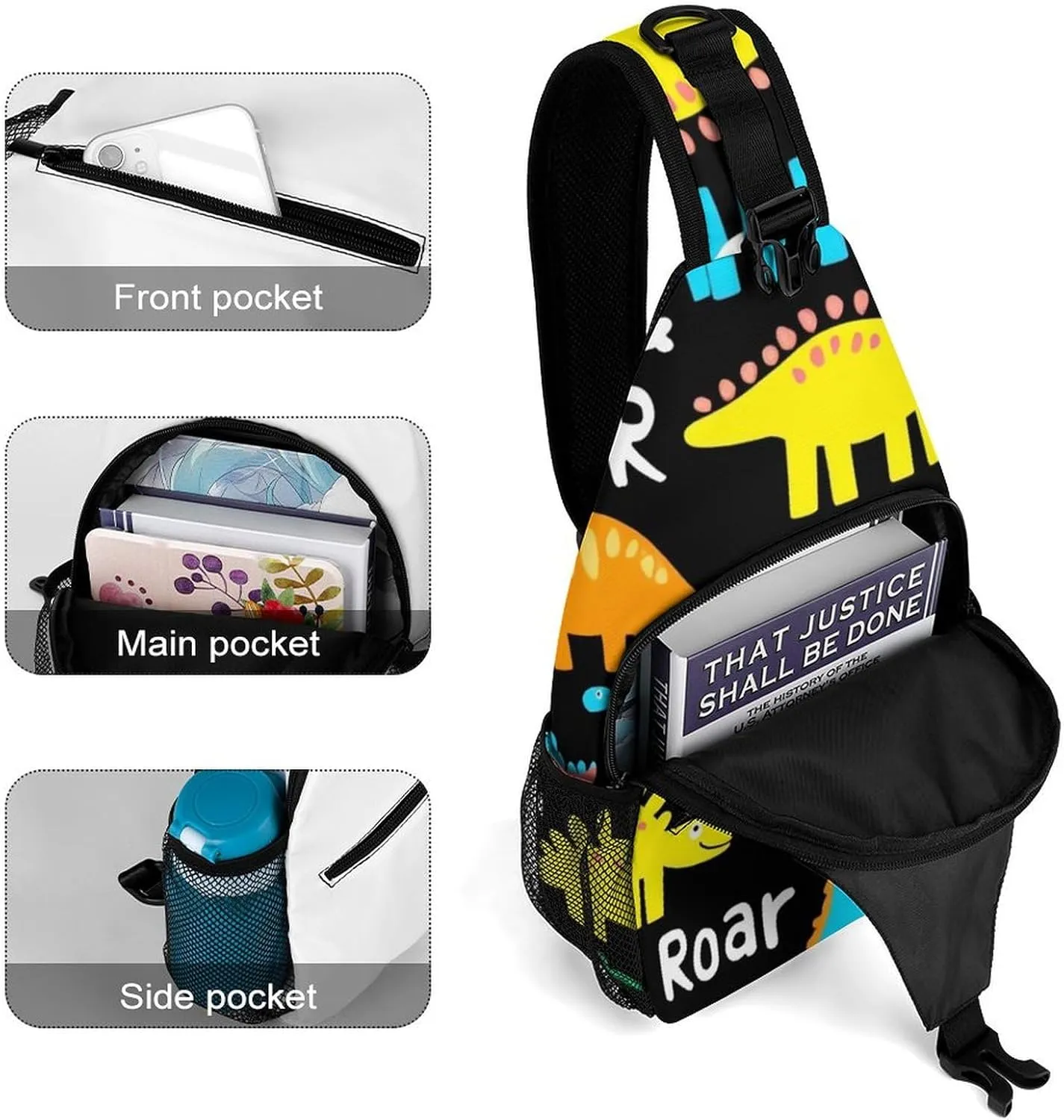 Women and Men Colorful Dinosaur Black Sling Bag, Large Capacity Travel Chest Backpack Shoulder Bag Crossbody Pack with Pockets and Buckles
