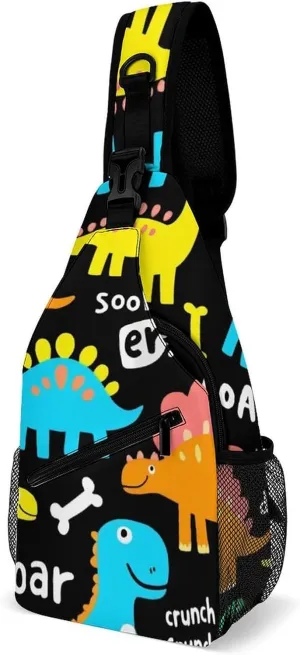 Women and Men Colorful Dinosaur Black Sling Bag, Large Capacity Travel Chest Backpack Shoulder Bag Crossbody Pack with Pockets and Buckles
