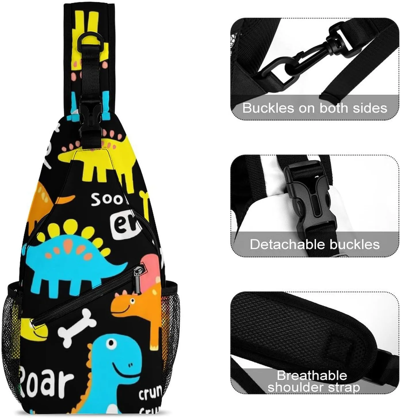 Women and Men Colorful Dinosaur Black Sling Bag, Large Capacity Travel Chest Backpack Shoulder Bag Crossbody Pack with Pockets and Buckles
