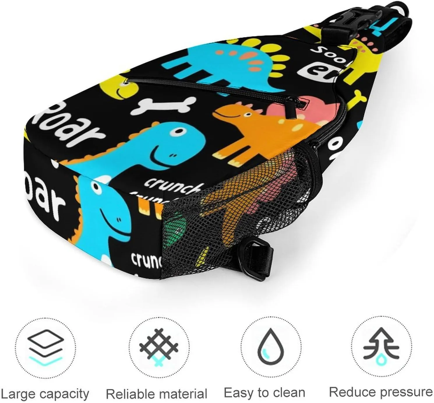 Women and Men Colorful Dinosaur Black Sling Bag, Large Capacity Travel Chest Backpack Shoulder Bag Crossbody Pack with Pockets and Buckles