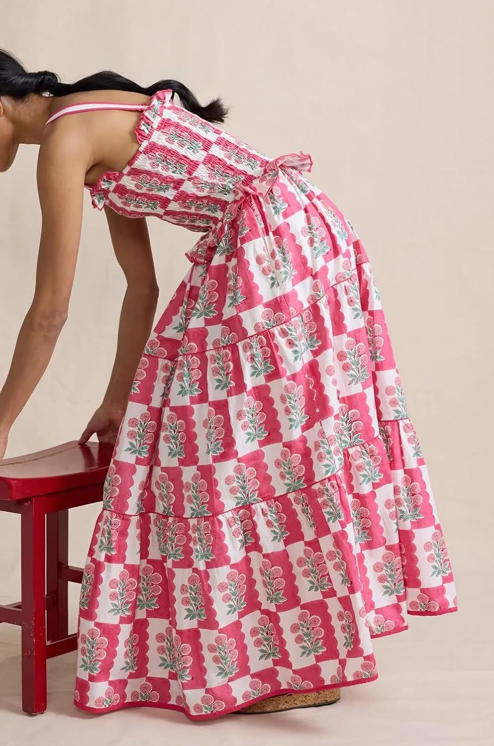 Women Boho Tie Shoulder Maxi Dress Square Neck Tiered Flowy Dress Floral Ruffle Long Dress Summer Beach Dress