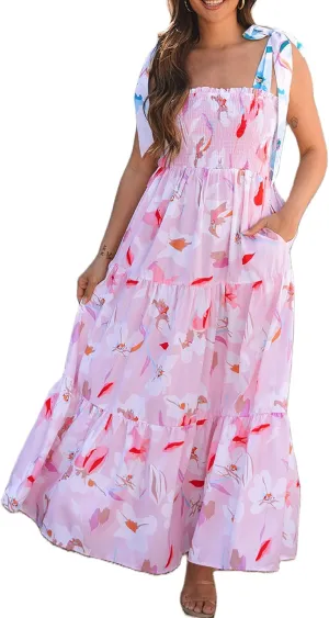 Women Bow Tie Shoulder Boho Flowy Long Dress Sleeveless Floral Tiered Cami Dress Graffiti Going Out Vocation Sundress