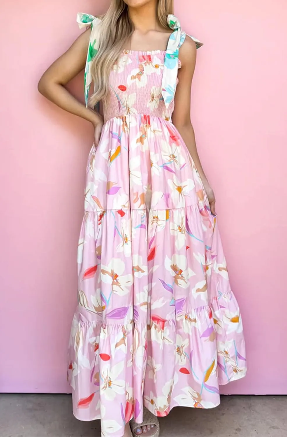 Women Bow Tie Shoulder Boho Flowy Long Dress Sleeveless Floral Tiered Cami Dress Graffiti Going Out Vocation Sundress