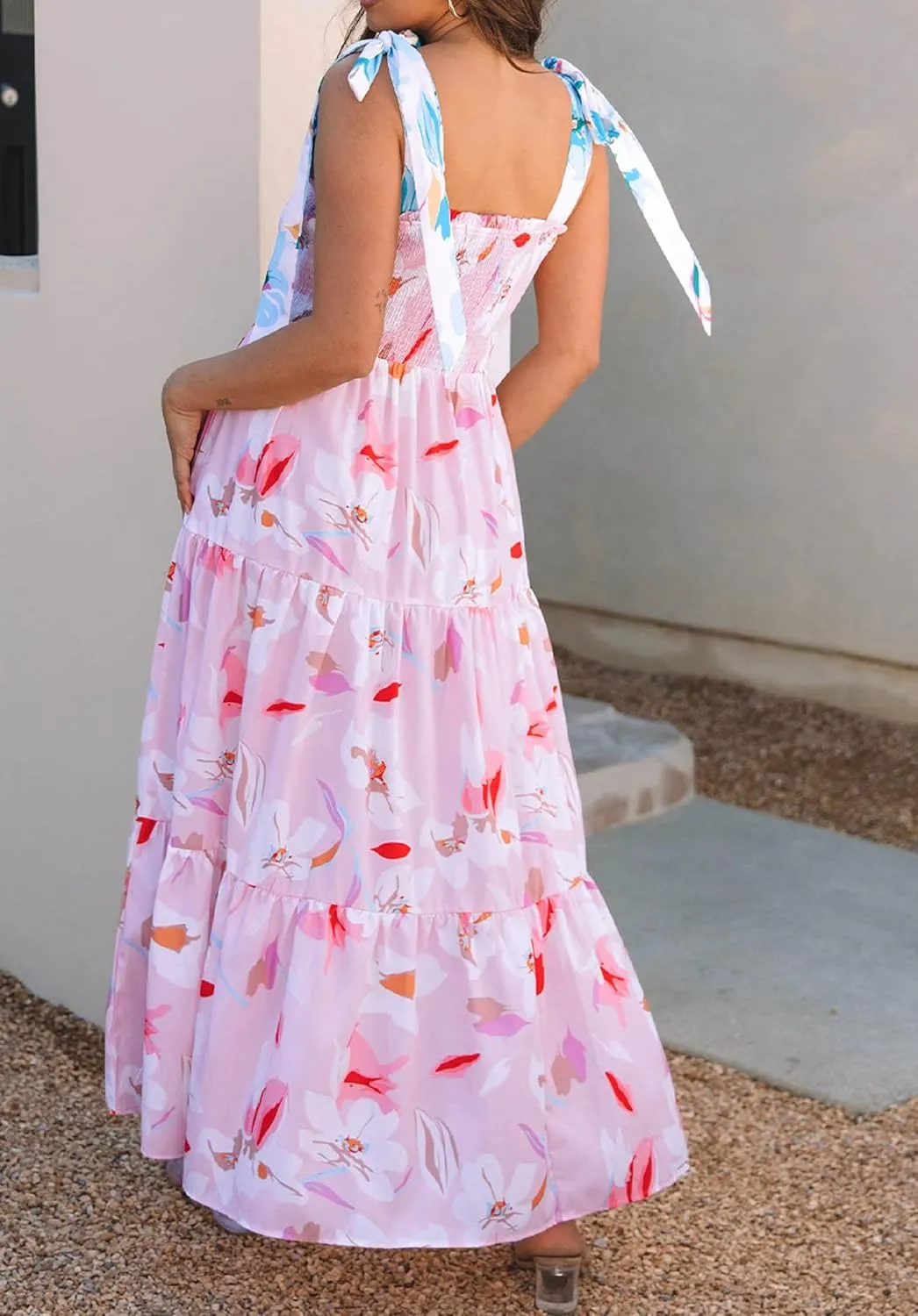 Women Bow Tie Shoulder Boho Flowy Long Dress Sleeveless Floral Tiered Cami Dress Graffiti Going Out Vocation Sundress