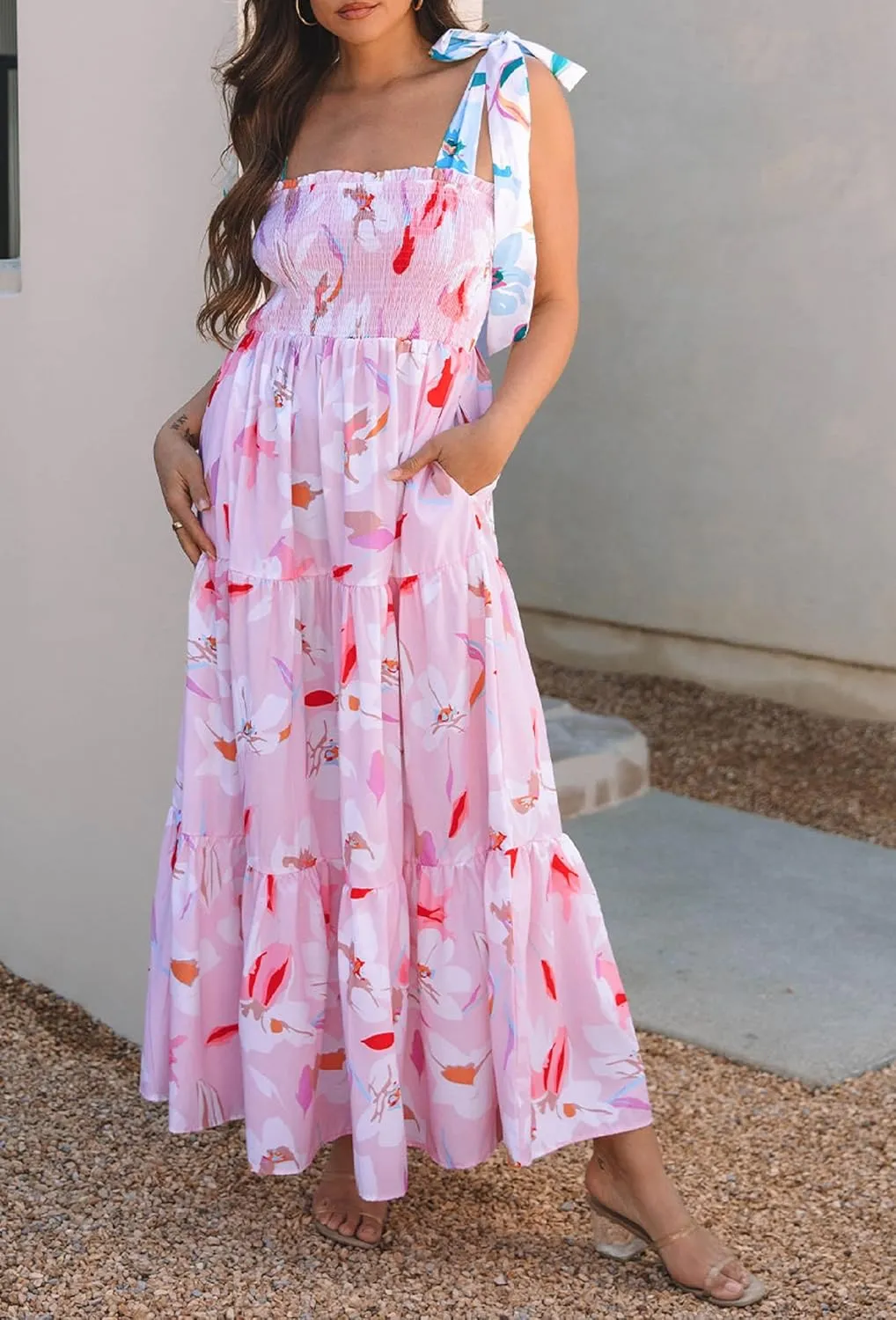 Women Bow Tie Shoulder Boho Flowy Long Dress Sleeveless Floral Tiered Cami Dress Graffiti Going Out Vocation Sundress