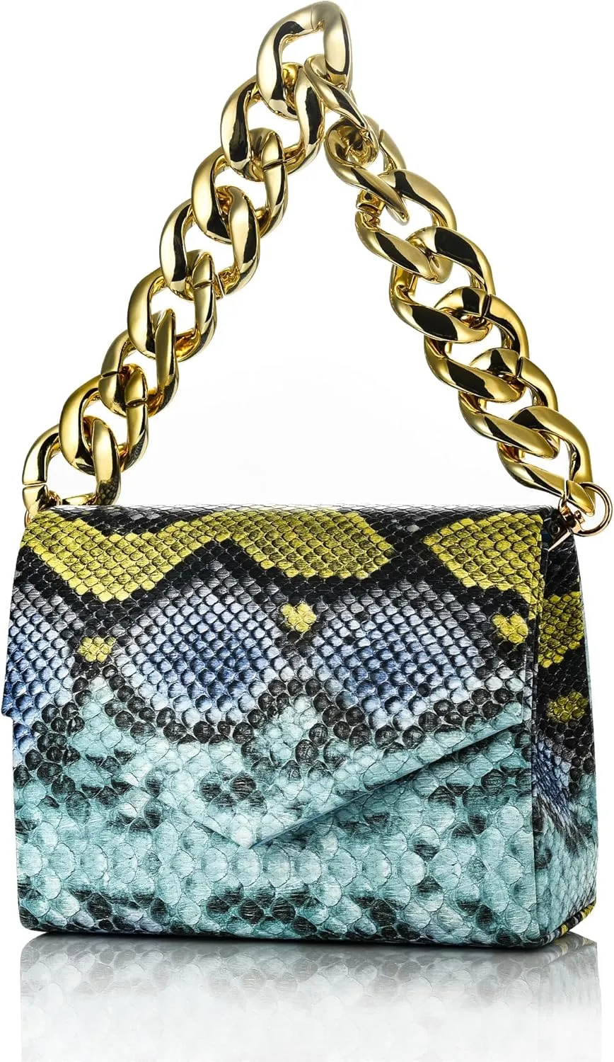 Women Chic Evening Clutch Bag Snakeskin Pattern Shoulder Box Handbag With Chain Strap Crossbody Purse For Women Girls Ladies