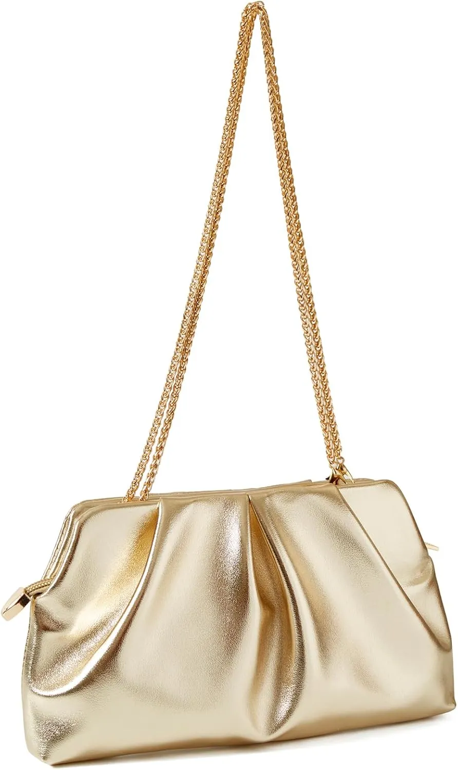 Women Clutch Bag Dressy Formal Handbag Pleated PU Clutch Purse Detachable Chain Crossbody Bag