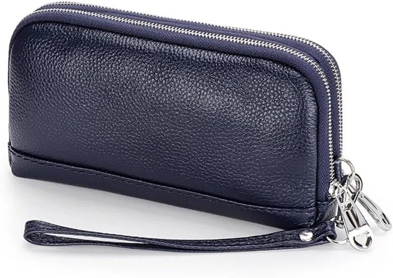 Women Clutch Purse Genuine Leather Double Zipper Money Purses Card Holder Phone Clutches with Wrist Strap (Royal Blue)