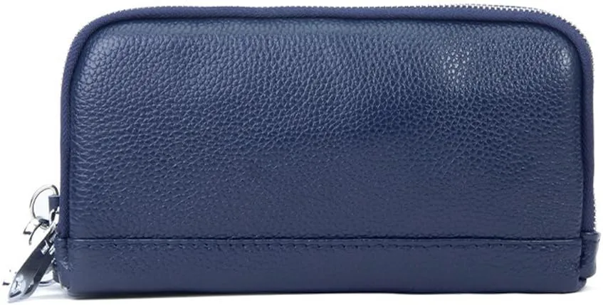 Women Clutch Purse Genuine Leather Double Zipper Money Purses Card Holder Phone Clutches with Wrist Strap (Royal Blue)