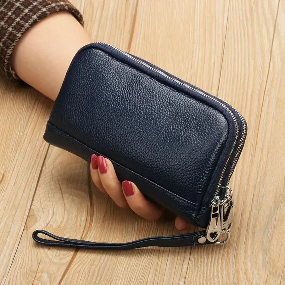 Women Clutch Purse Genuine Leather Double Zipper Money Purses Card Holder Phone Clutches with Wrist Strap (Royal Blue)