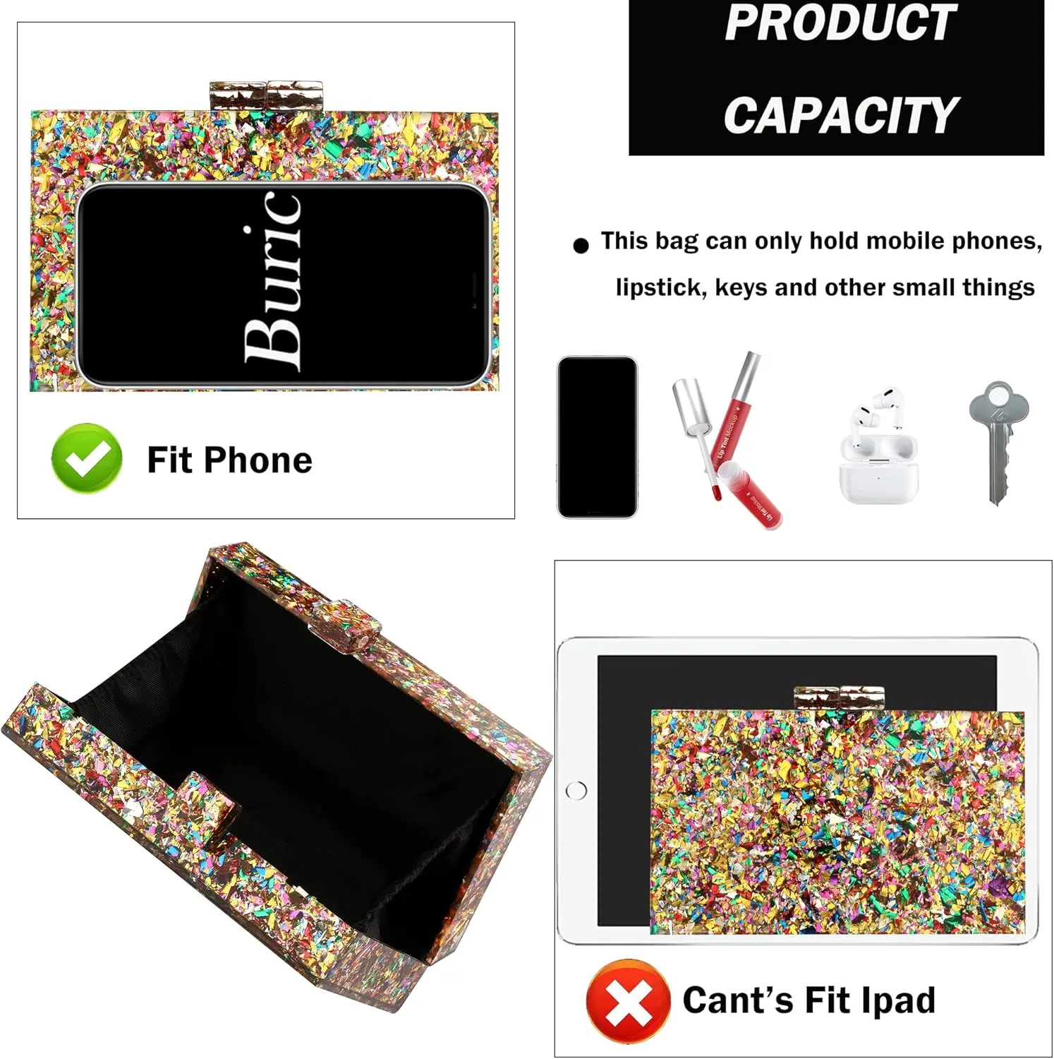 Women Clutches Evening Bags Acrylic Multicolor Purses and Handbags Shoulder Cross Body Bag Formal Wedding Prom Party