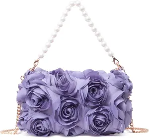 Women Clutches Purse, Chiffon 3D Floral Evening Handbag, Pearl Beaded Top Handle Bag for Wedding, Prom, Party
