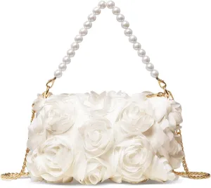 Women Clutches Purse, Chiffon 3D Floral Evening Handbag, Pearl Beaded Top Handle Bag for Wedding, Prom, Party