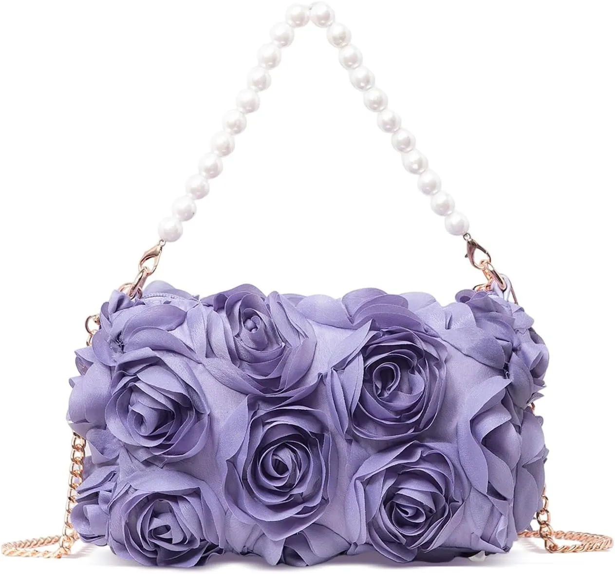 Women Clutches Purse, Chiffon 3D Floral Evening Handbag, Pearl Beaded Top Handle Bag for Wedding, Prom, Party