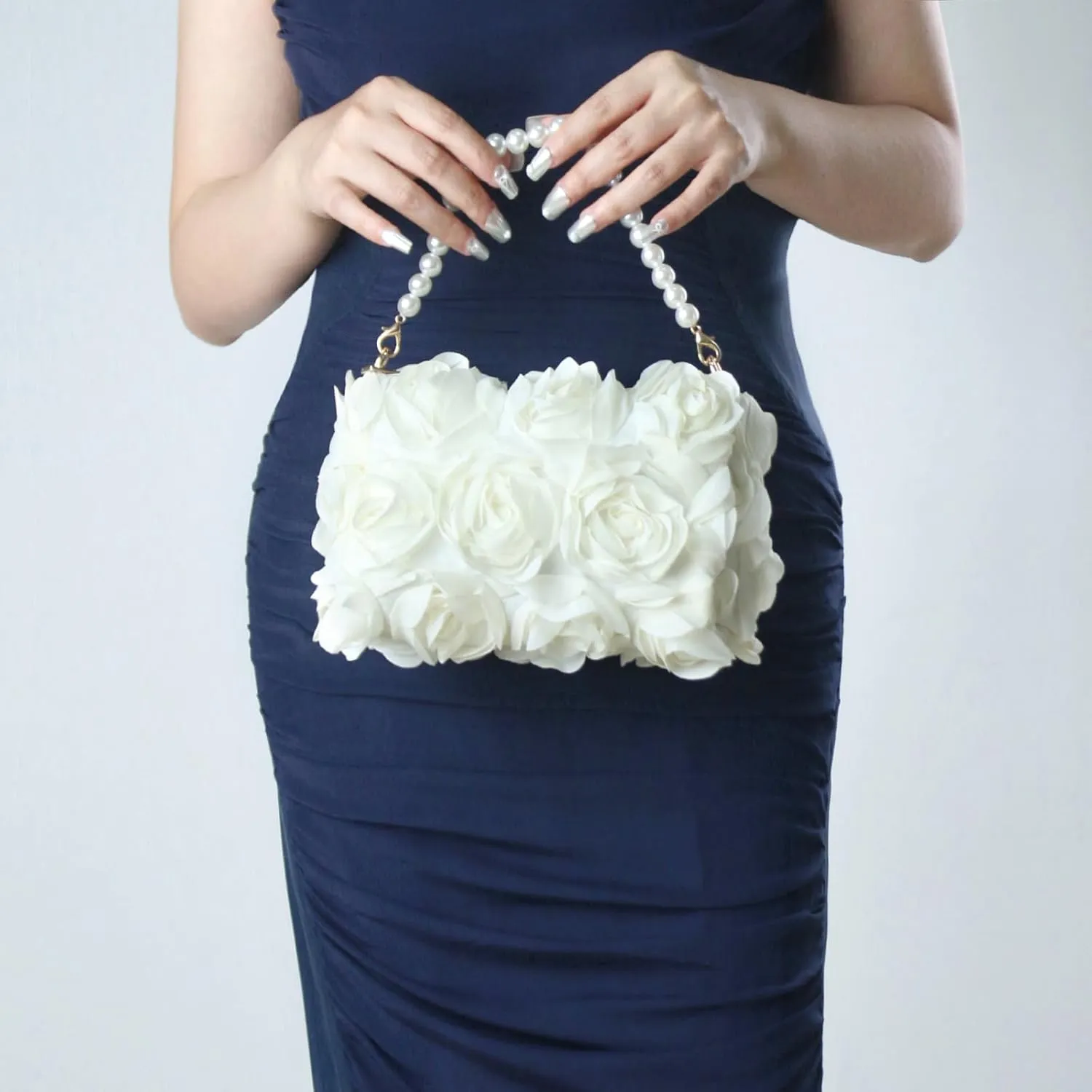 Women Clutches Purse, Chiffon 3D Floral Evening Handbag, Pearl Beaded Top Handle Bag for Wedding, Prom, Party