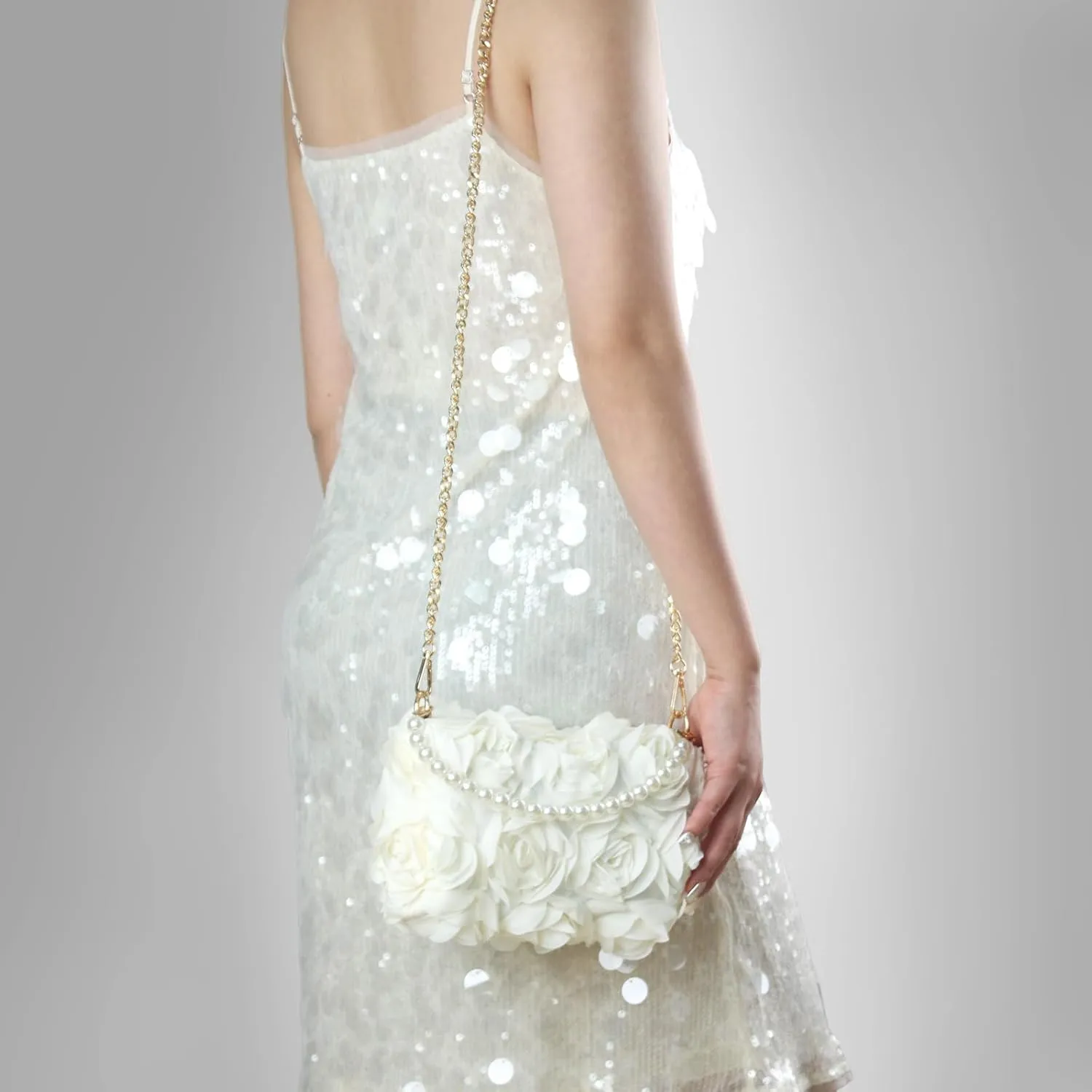 Women Clutches Purse, Chiffon 3D Floral Evening Handbag, Pearl Beaded Top Handle Bag for Wedding, Prom, Party