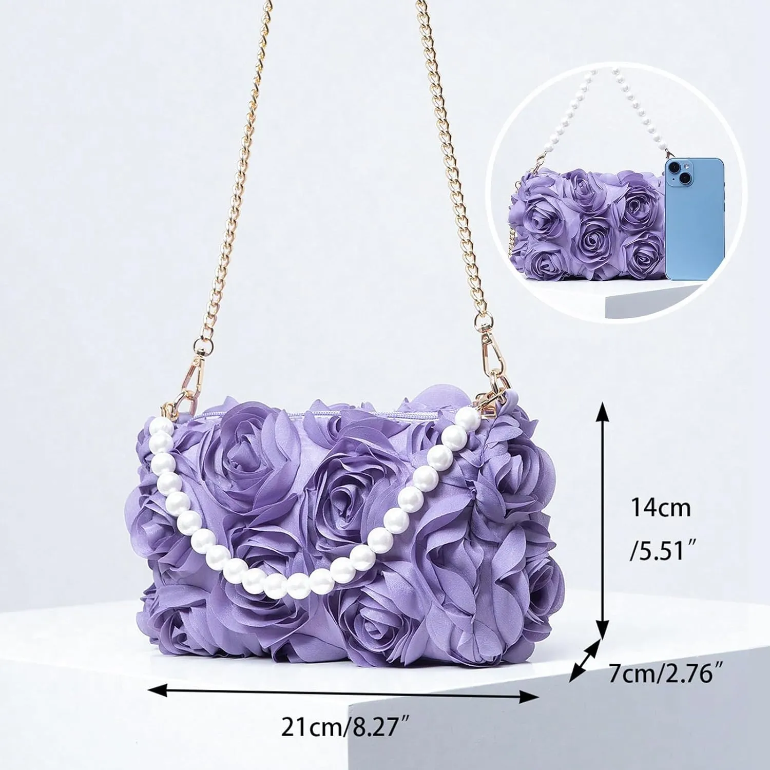 Women Clutches Purse, Chiffon 3D Floral Evening Handbag, Pearl Beaded Top Handle Bag for Wedding, Prom, Party