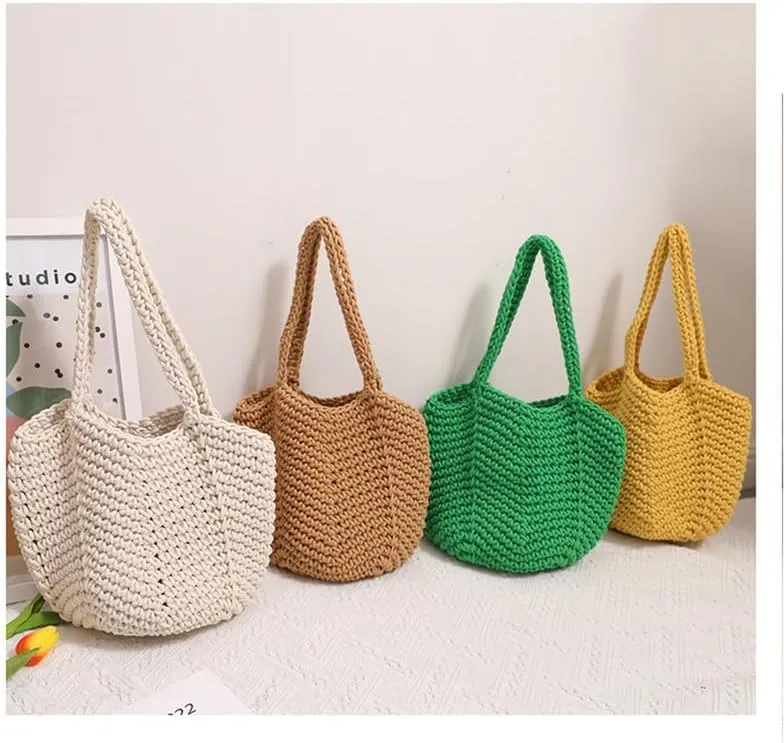 Women Cotton Woven Handmade Shoulder Bag Tote Handbag Summer Beach Purse for Holiday Vacation Casual Hobo Light Green