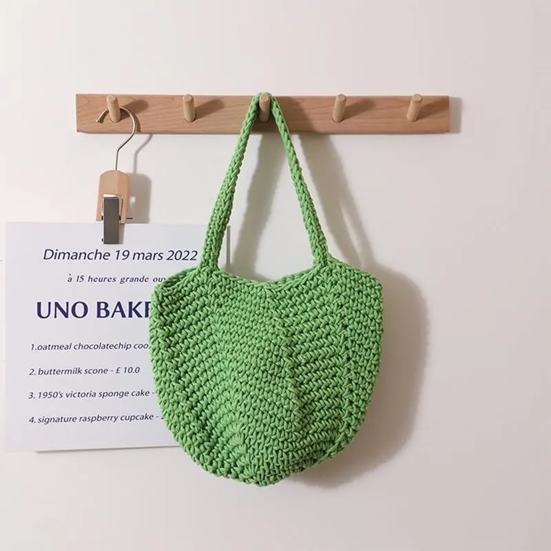 Women Cotton Woven Handmade Shoulder Bag Tote Handbag Summer Beach Purse for Holiday Vacation Casual Hobo Light Green