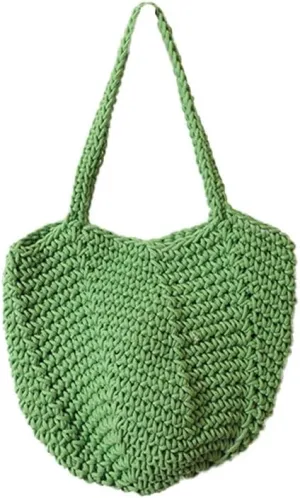 Women Cotton Woven Handmade Shoulder Bag Tote Handbag Summer Beach Purse for Holiday Vacation Casual Hobo Light Green