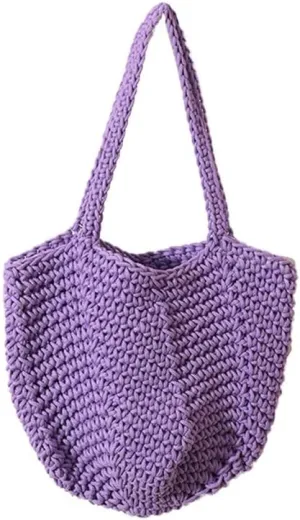 Women Cotton Woven Handmade Shoulder Bag Tote Handbag Summer Beach Purse for Holiday Vacation Casual Hobo Purple