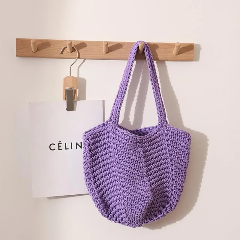 Women Cotton Woven Handmade Shoulder Bag Tote Handbag Summer Beach Purse for Holiday Vacation Casual Hobo Purple