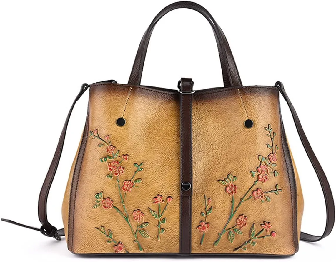 Women Cowhide Leather Handbags,Organizer Retro Shoulder Bag Embossing Top-Handle Satchel Ladies Vintage Tote Yellow