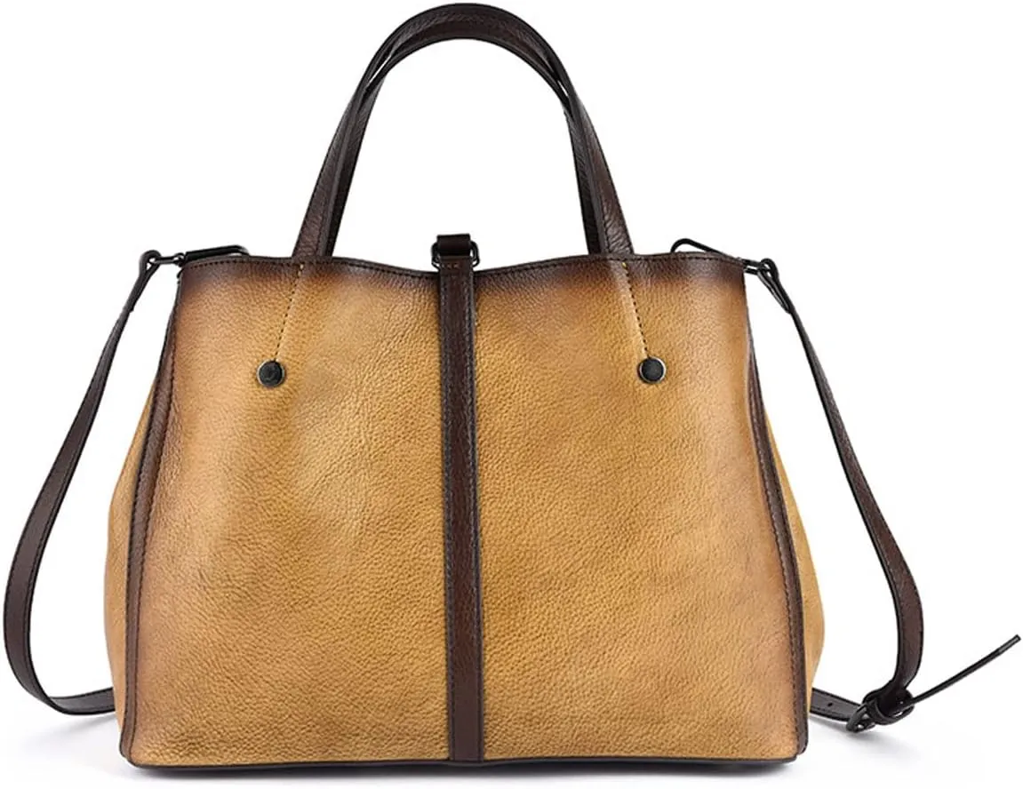 Women Cowhide Leather Handbags,Organizer Retro Shoulder Bag Embossing Top-Handle Satchel Ladies Vintage Tote Yellow