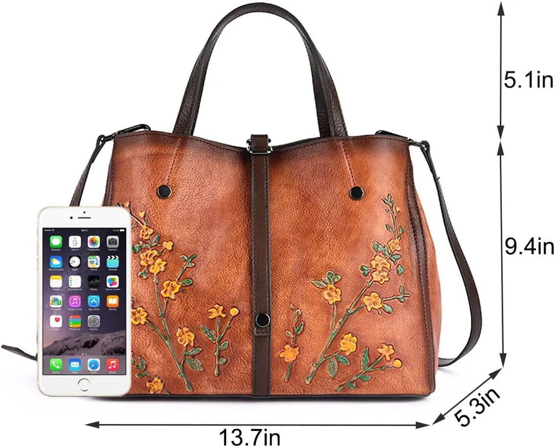 Women Cowhide Leather Handbags,Organizer Retro Shoulder Bag Embossing Top-Handle Satchel Ladies Vintage Tote Yellow
