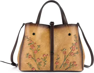 Women Cowhide Leather Handbags,Organizer Retro Shoulder Bag Embossing Top-Handle Satchel Ladies Vintage Tote Yellow