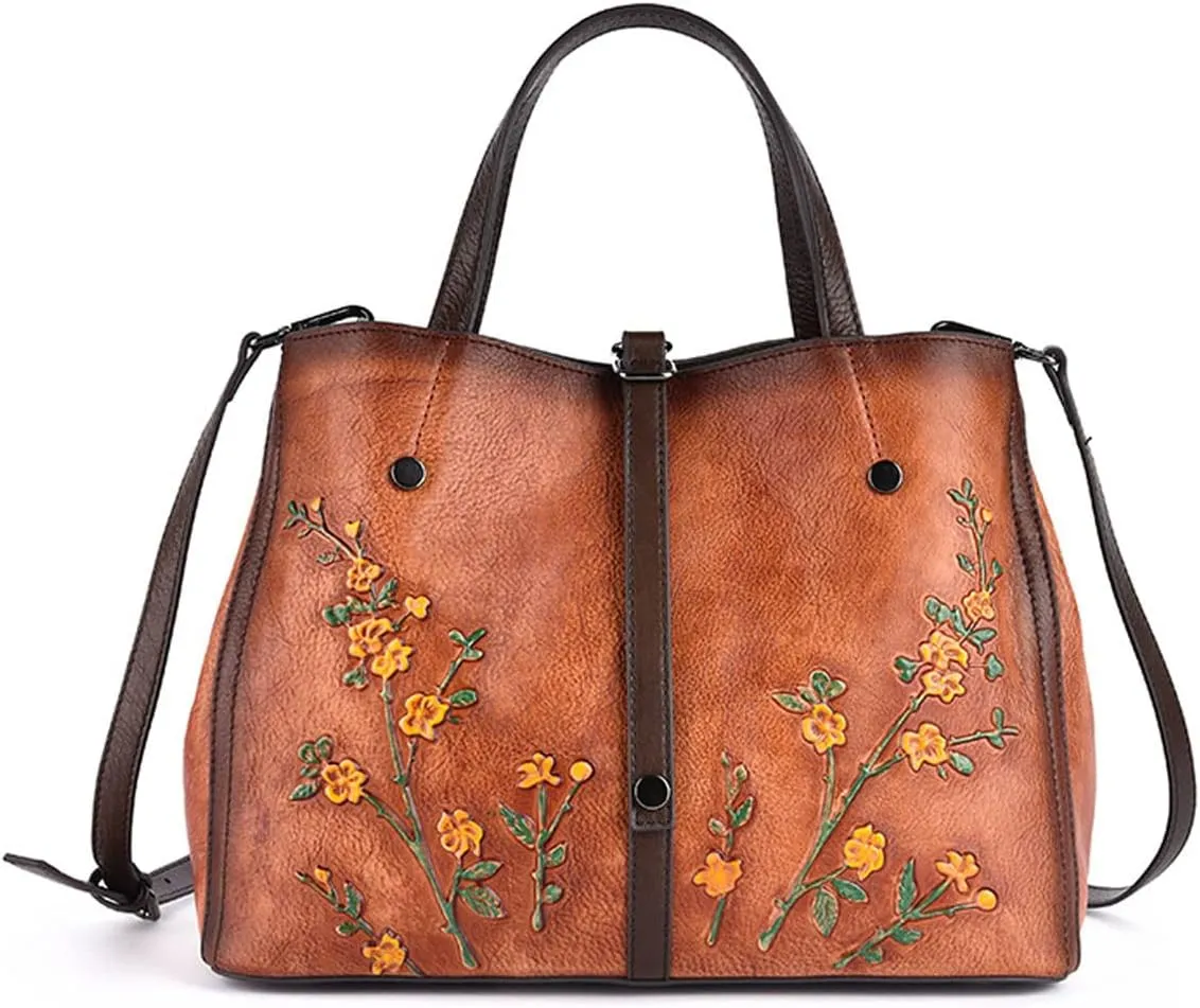 Women Cowhide Leather Handbags,Organizer Retro Shoulder Bag Embossing Top-Handle Satchel Ladies Vintage Tote