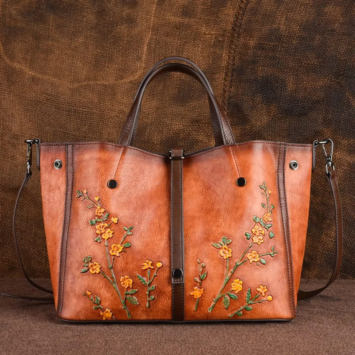 Women Cowhide Leather Handbags,Organizer Retro Shoulder Bag Embossing Top-Handle Satchel Ladies Vintage Tote
