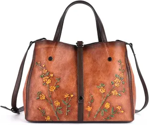 Women Cowhide Leather Handbags,Organizer Retro Shoulder Bag Embossing Top-Handle Satchel Ladies Vintage Tote