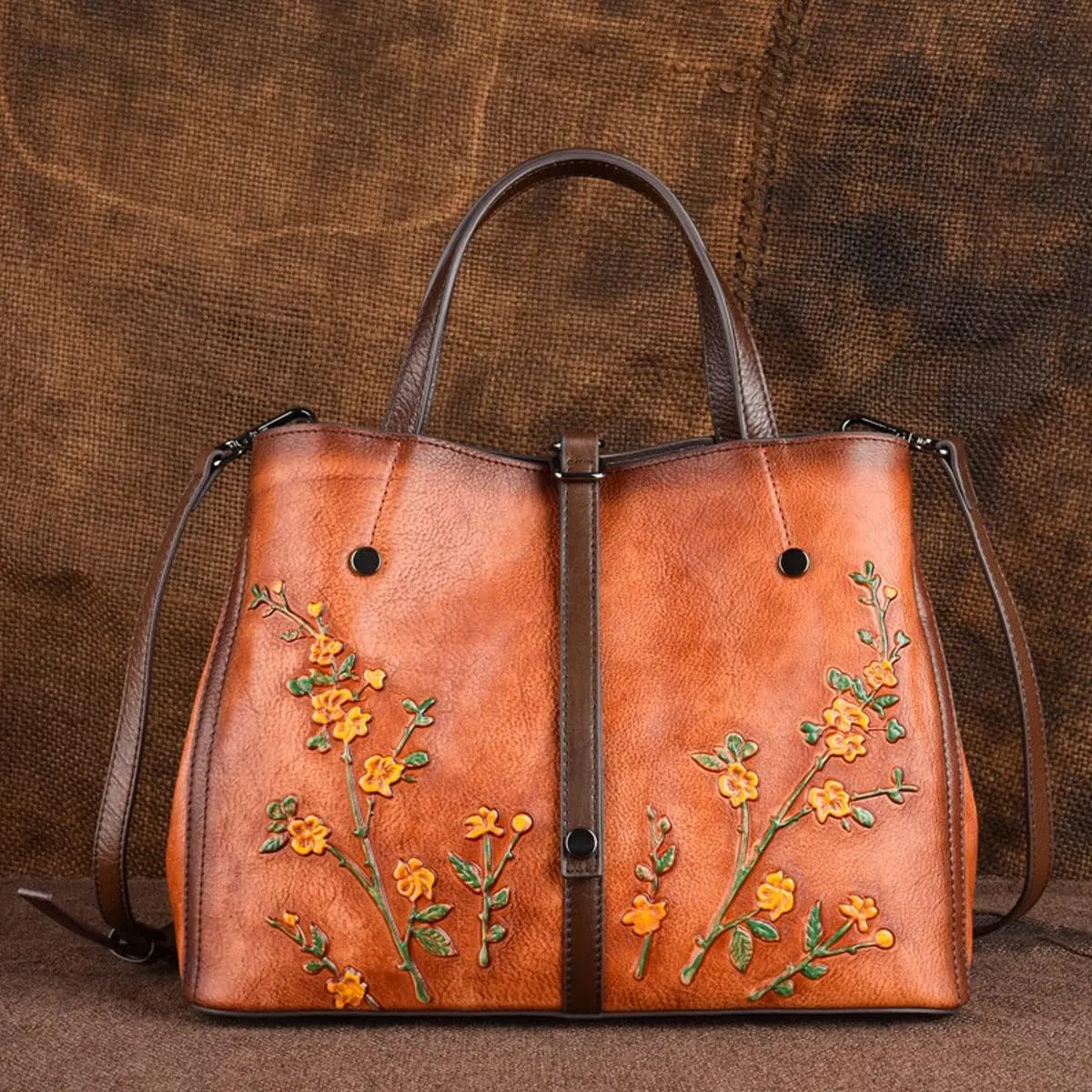 Women Cowhide Leather Handbags,Organizer Retro Shoulder Bag Embossing Top-Handle Satchel Ladies Vintage Tote