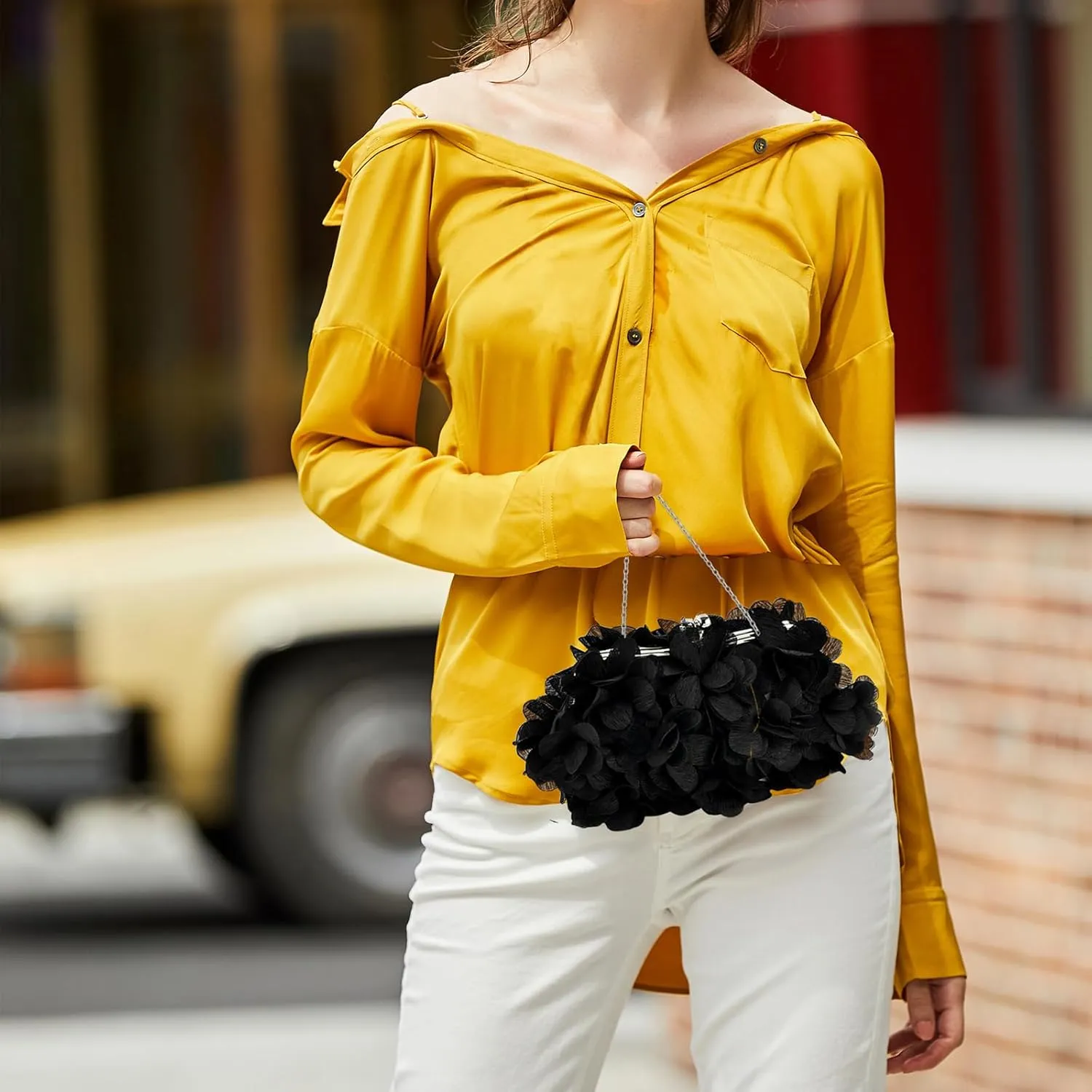 Women Elegant Evening Purse, Small Floral Clutch Bag with Detachable Chain for Wedding, Party, Prom