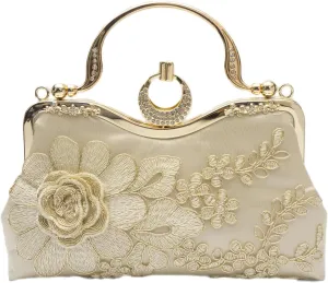 Women Evening Bag Floral Embroidery Clutch Bag Vintage Handbag Bridal Wedding Purse Elegant Shoulder Bag