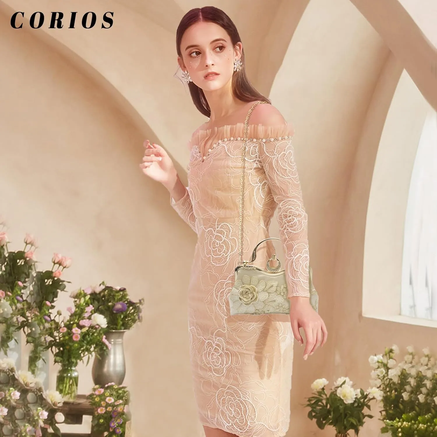 Women Evening Bag Floral Embroidery Clutch Bag Vintage Handbag Bridal Wedding Purse Elegant Shoulder Bag