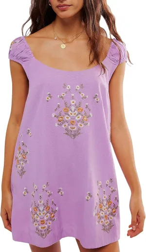 Women Floral Embroidered Linen Short Dress Boho Summer Babydoll Dress Sleeveless Cotton Beach Mini Sundresses